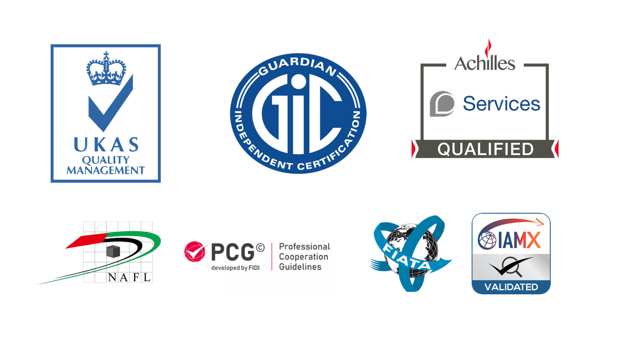 Industry certifications and memberships — UKAS Quality Management, GIC, Achilles, NAFL, PCG (FIDI), FIATA, IAMX